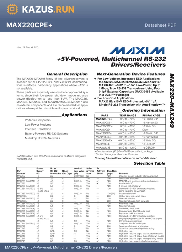 MAX239ENG+ datasheet - 5V-Powered, Multichannel RS-232 Drivers/Receivers