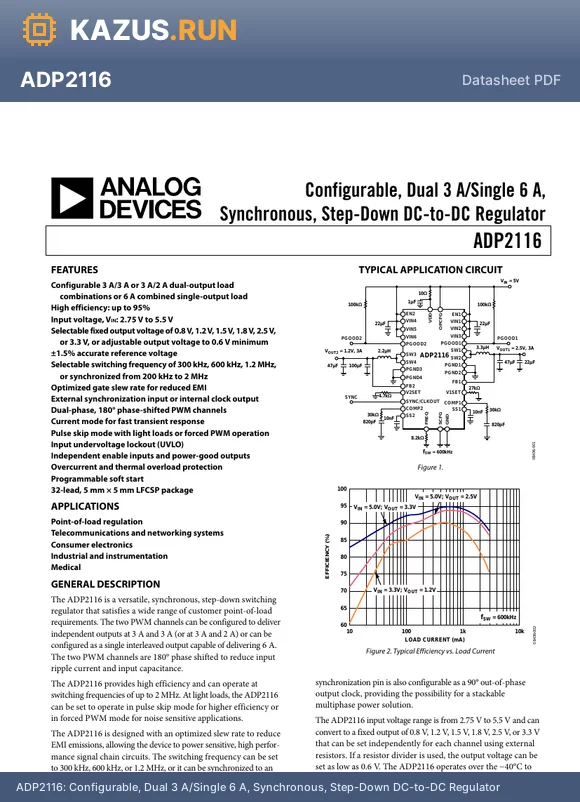 ADP2116ACPZ-R7 datasheet - Configurable, Dual 3 A/Single 6 A, Synchronous, Step-Down DC-to-DC Regulator