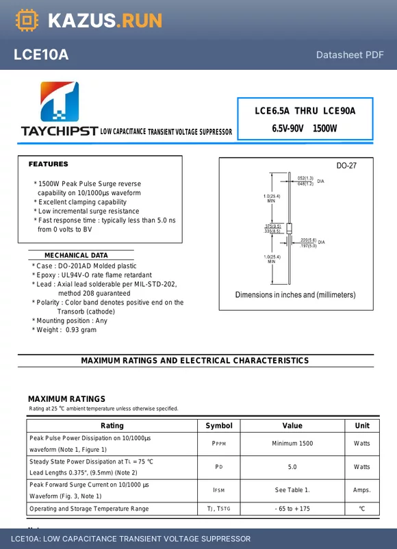 LCE36 datasheet - LOW CAPACITANCE TRANSIENT VOLTAGE SUPPRESSOR