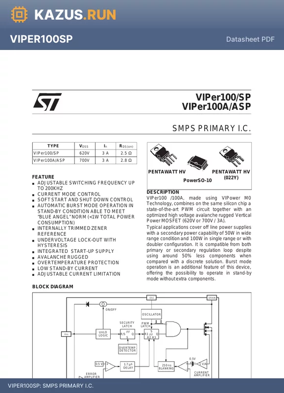 VIPER100SP datasheet - SMPS PRIMARY I.C.