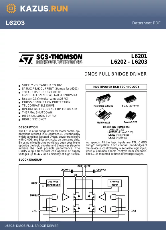 L6203 datasheet - DMOS FULL BRIDGE DRIVER