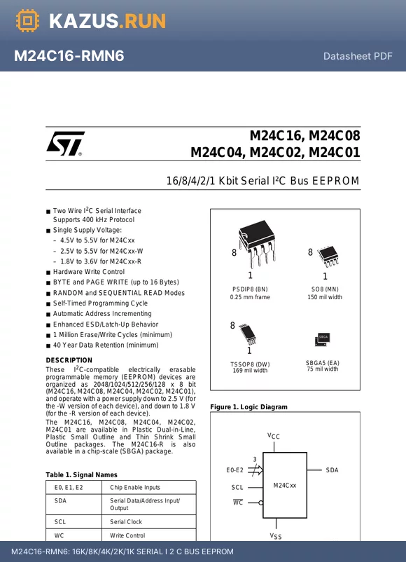 M24C01-RBN6 datasheet - 16K/8K/4K/2K/1K SERIAL I 2 C BUS EEPROM