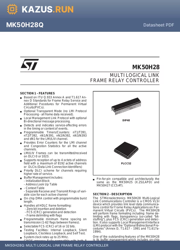 MK50H28N datasheet - MULTI LOGICAL LINK FRAME RELAY CONTROLLER