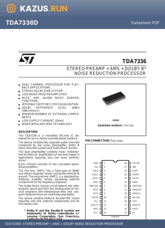 TDA7336D datasheet - STEREO PREAMP + AMS + DOLBY NOISE REDUCTION PROCESSOR