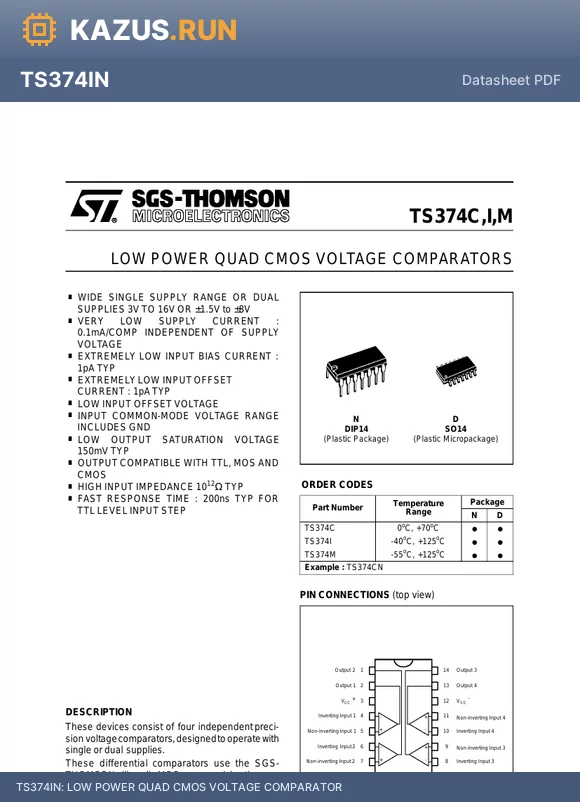 TS374IN datasheet - LOW POWER QUAD CMOS VOLTAGE COMPARATOR