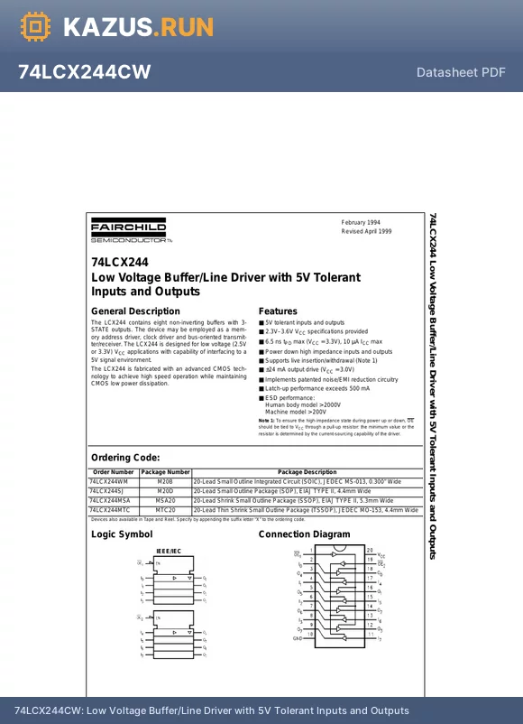 74LCX244CW datasheet - Low Voltage Buffer/Line Driver with 5V Tolerant Inputs and Outputs