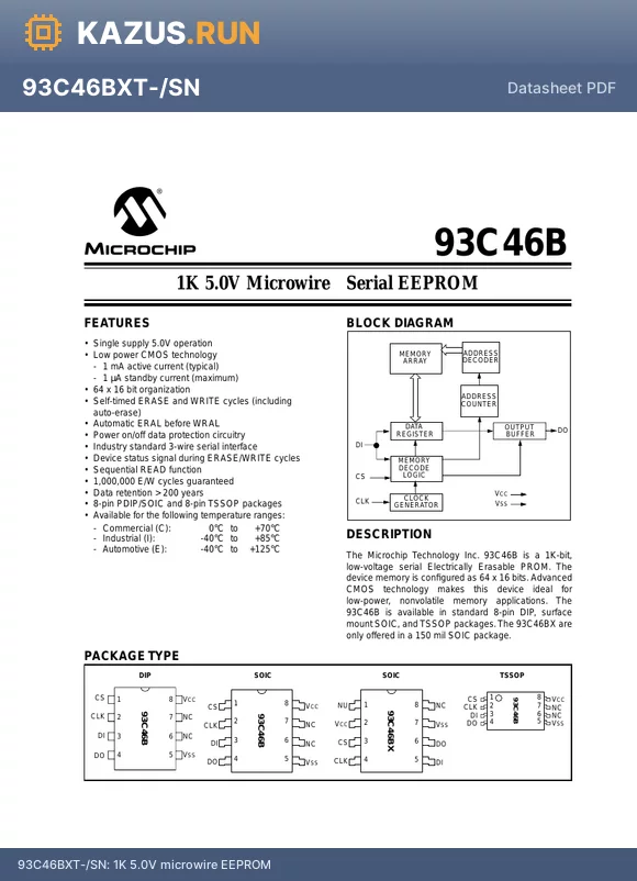 93C46BT-/SM datasheet - 1K 5.0V microwire EEPROM