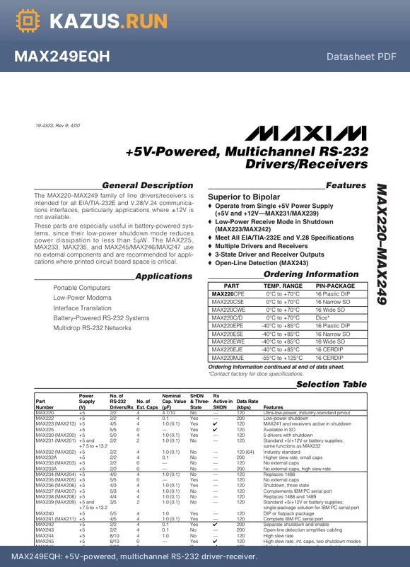 MAX243ESE datasheet - +5V-powered, multichannel RS-232 driver-receiver.