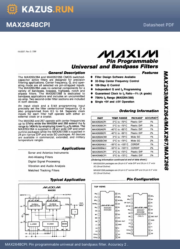 MAX264BCPI datasheet - Pin programmable univesal and bandpass filter. Accuracy 2%.