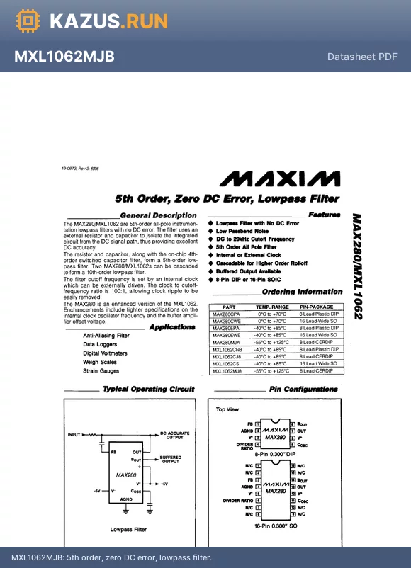 MXL1062MJB datasheet - 5th order, zero DC error, lowpass filter.