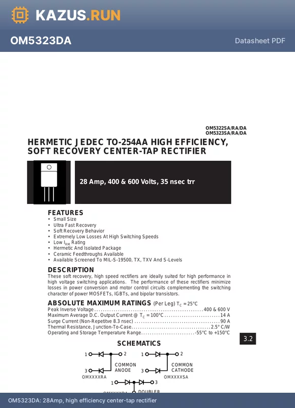 OM5322RA datasheet - 28Amp, high efficiency center-tap rectifier