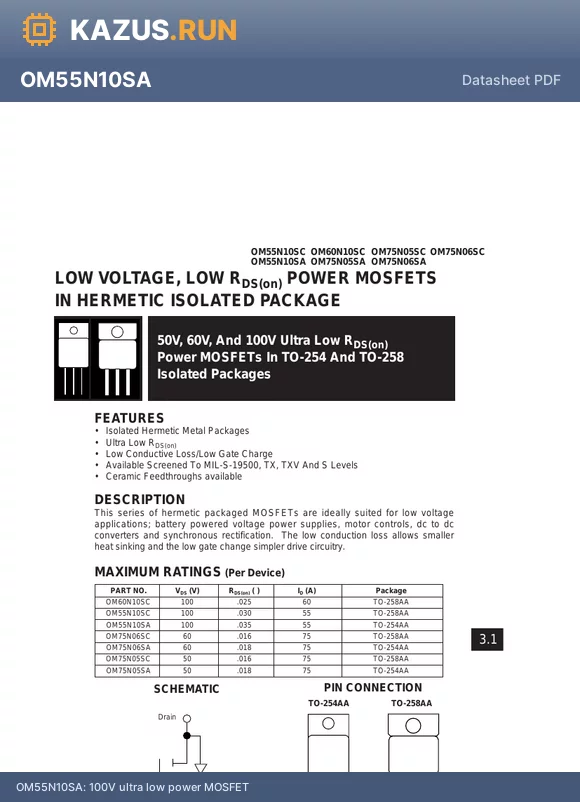 OM55N10SA datasheet - 100V ultra low power MOSFET