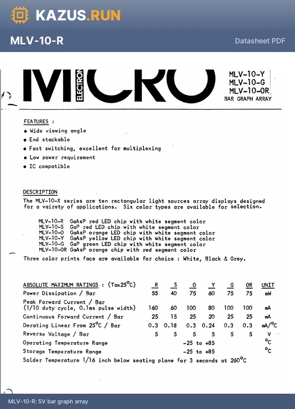MLV-10-R datasheet - 5V bar graph array