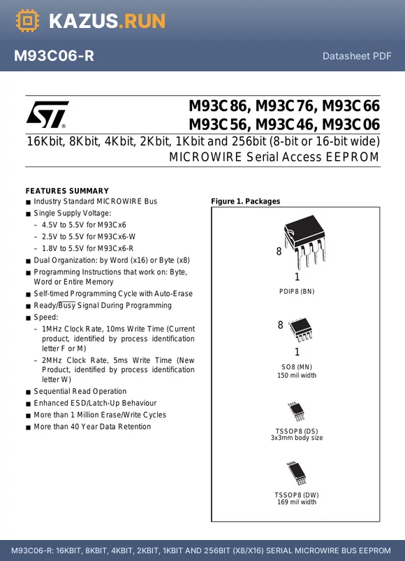 M93C06-R datasheet - 16KBIT, 8KBIT, 4KBIT, 2KBIT, 1KBIT AND 256BIT (X8/X16) SERIAL MICROWIRE BUS EEPROM