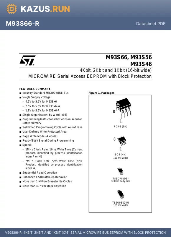 M93S46-R datasheet - 4KBIT, 2KBIT AND 1KBIT (X16) SERIAL MICROWIRE BUS EEPROM WITH BLOCK PROTECTION