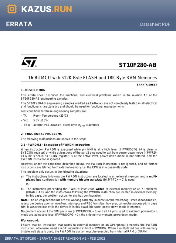 REVISION datasheet - ST10F280 - ERRATA SHEET REVISION AB - FEB 2002