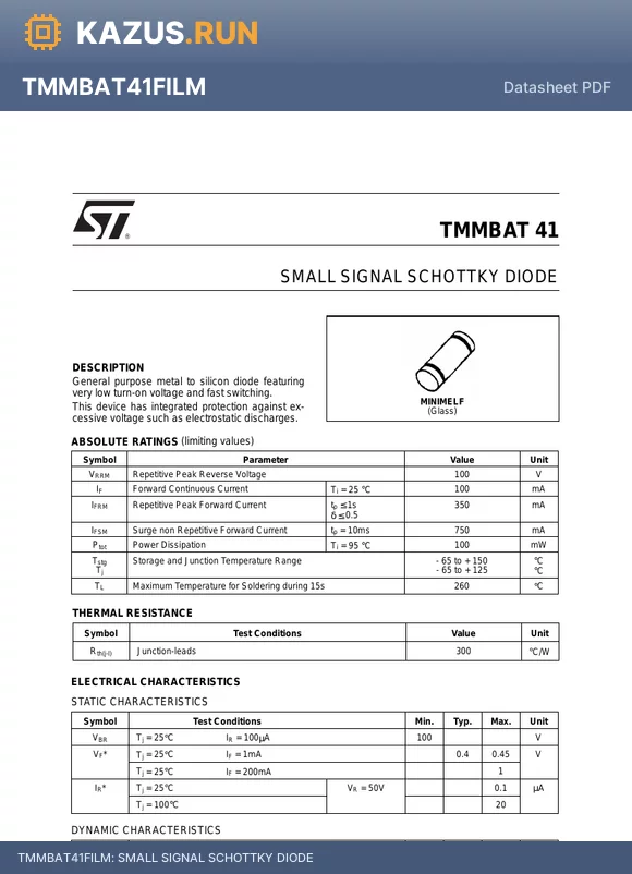 TMMBAT41FILM datasheet - SMALL SIGNAL SCHOTTKY DIODE
