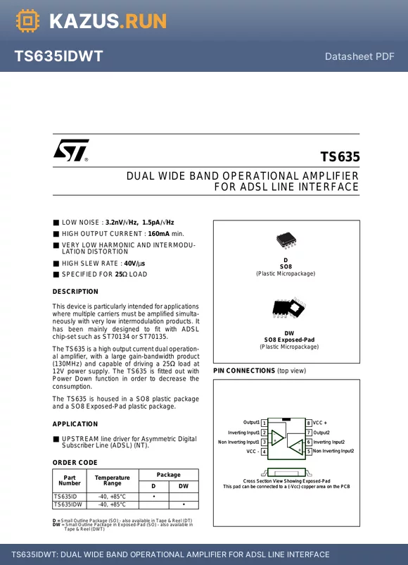TS635IDT datasheet - DUAL WIDE BAND OPERATIONAL AMPLIFIER FOR ADSL LINE INTERFACE