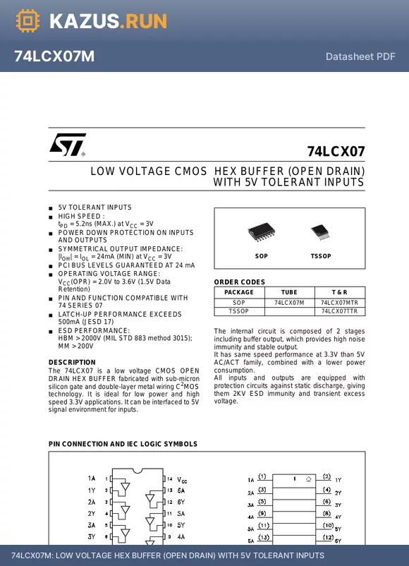 74LCX07M datasheet - LOW VOLTAGE HEX BUFFER (OPEN DRAIN) WITH 5V TOLERANT INPUTS