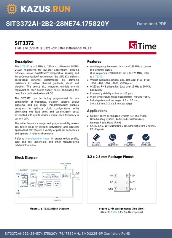 SIT3372AI-2E2-28NY125.000000T datasheet - 125MHz SMD7050-6P Oscillators RoHS