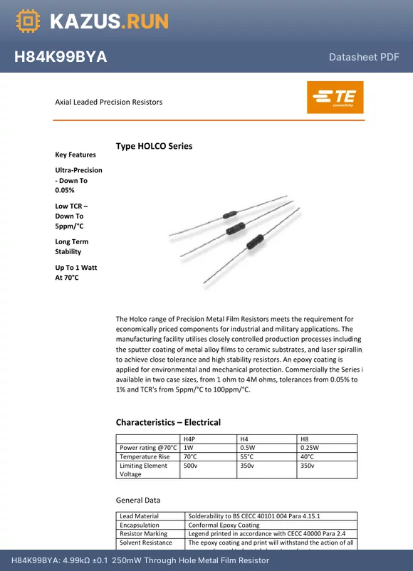 H412R7DYA datasheet - 12.7Y a0.5% 500mW Through Hole Metal Film Resistor
