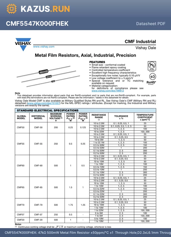 CMF0722R000GKBF datasheet - 22Y a2% 500mW Through Hole,D2.3xL6.1mm Metal Film Resistor