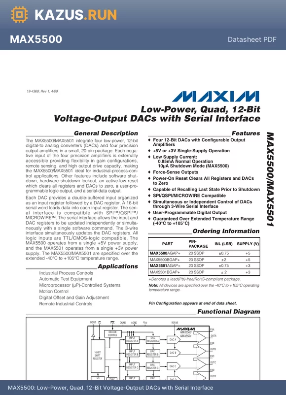 MAX5500AGAP+ datasheet - 12us 5V 0.75LSB SSOP-20-208mil Digital to Analog Converters (DAC) RoHS