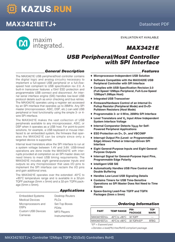MAX3421EETJ+ datasheet - Controller 12Mbps TQFP-32(5x5) Controllers RoHS