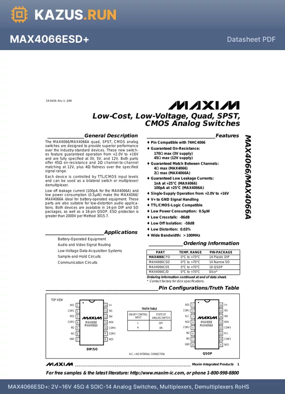 MAX4066ACPD+ datasheet - 2V~16V 45Y 4 PDIP-14 Analog Switches, Multiplexers, Demultiplexers RoHS
