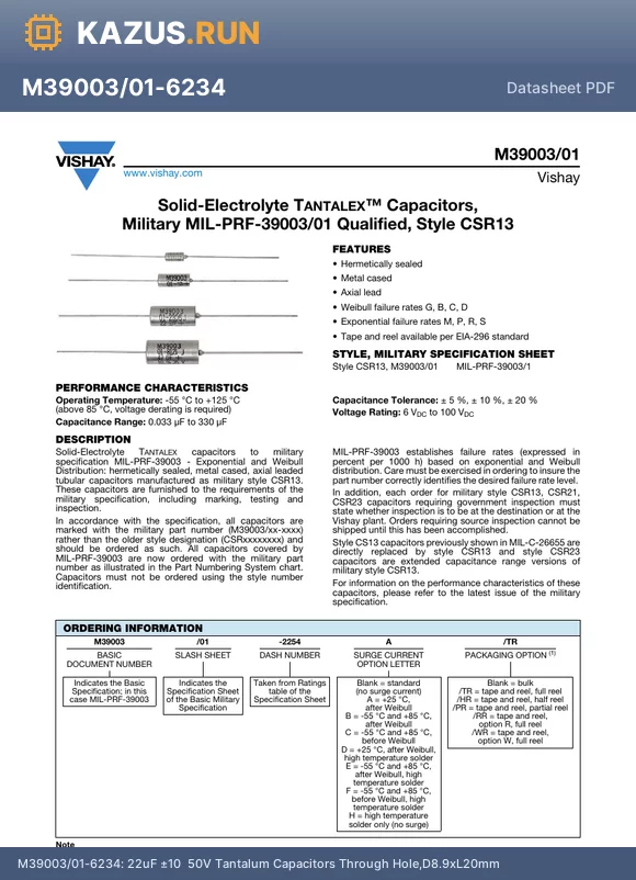 M39003/01-3078 datasheet - 1.2uF a10% 50V Tantalum Capacitors Through Hole,D4.7xL12mm