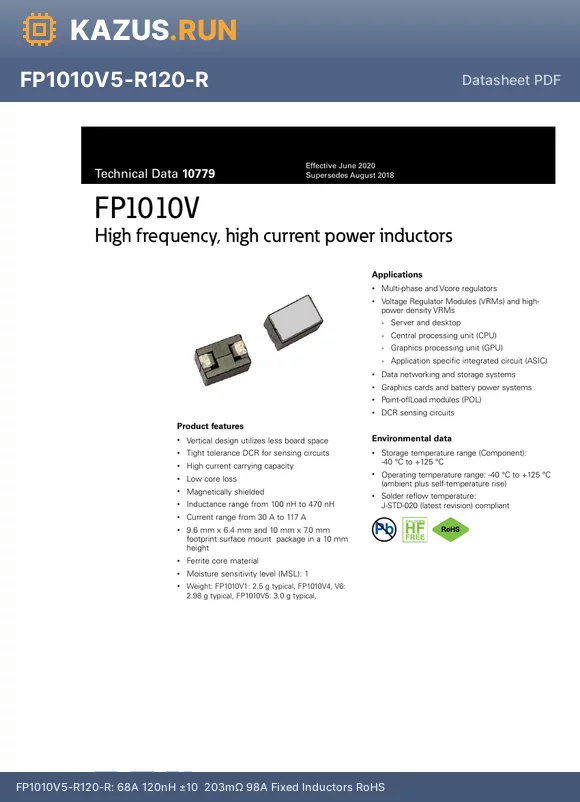 FP1010V5-R120-R datasheet - 68A 120nH a10% 203mY 98A Fixed Inductors RoHS