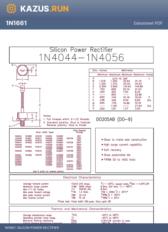 1N1663 datasheet - 200V DO-9 Single Diodes RoHS