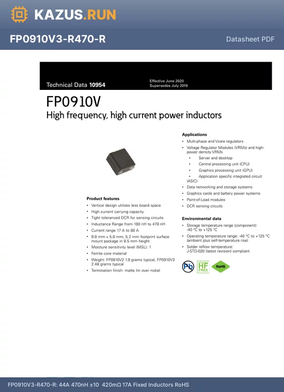FP0910V3-R470-R datasheet - 44A 470nH a10% 420mY 17A Fixed Inductors RoHS