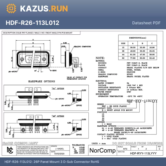 HDF-R26-113L461 datasheet - 26P Panel Mount 3 D-Sub Connector RoHS