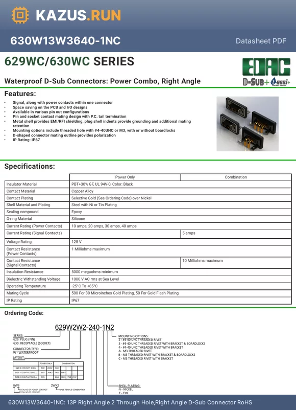 629W2WK2340-1N2 datasheet - 2P Panel Mount 1 D-Sub Connector RoHS