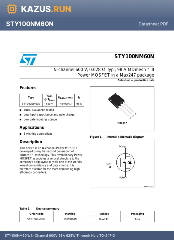 STY100NM60N datasheet - N-Channel 600V 98A 625W Through Hole TO-247-3
