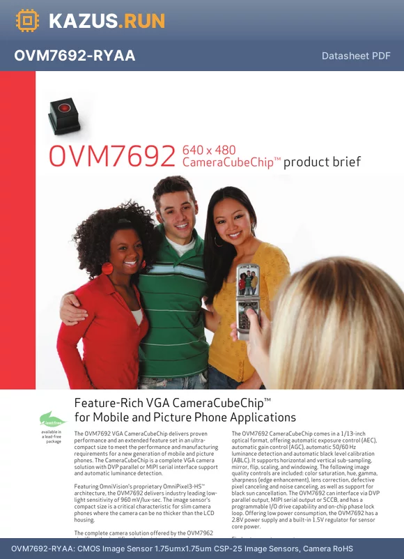 OVM7692-RAAA datasheet - CMOS Image Sensor 1.75umx1.75um CSP-25 Image Sensors, Camera RoHS