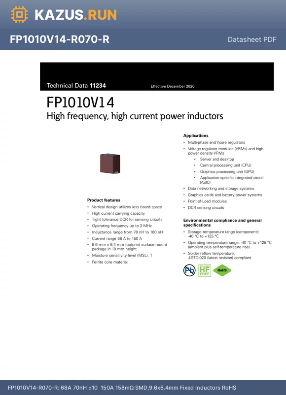 FP1010V14-R100-R datasheet - 68A 100nH a10% 124A 158mY SMD,9.6x6.4mm Fixed Inductors RoHS