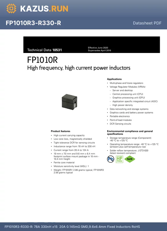 FP1010R3-R300-R datasheet - 78A 210nH a10% 0.145mY 27A SMD,9.6x6.4mm Fixed Inductors RoHS