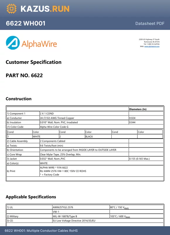 6622 WH005 datasheet - Multiple Conductor Cables RoHS