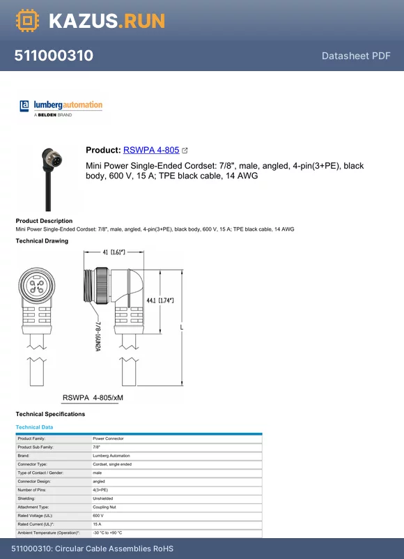 511000313 datasheet - Circular Cable Assemblies RoHS