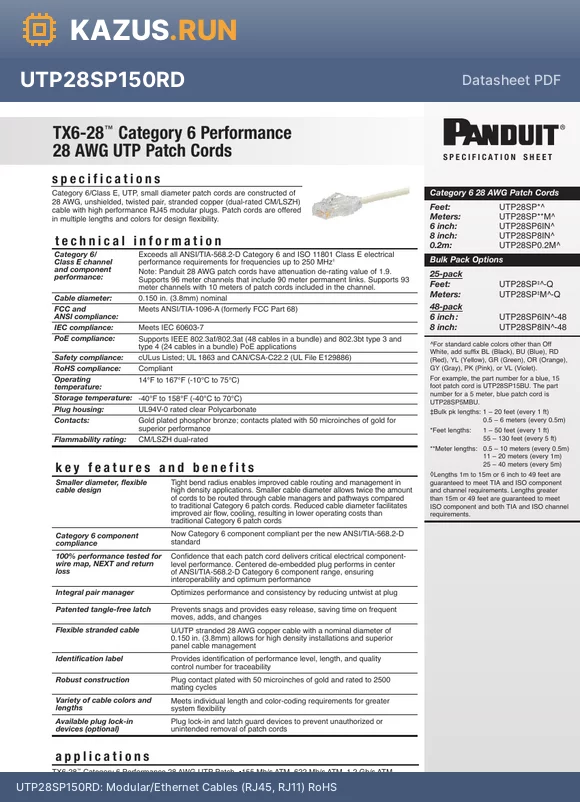 UTP28SP25MVL datasheet - Modular/Ethernet Cables (RJ45, RJ11) RoHS