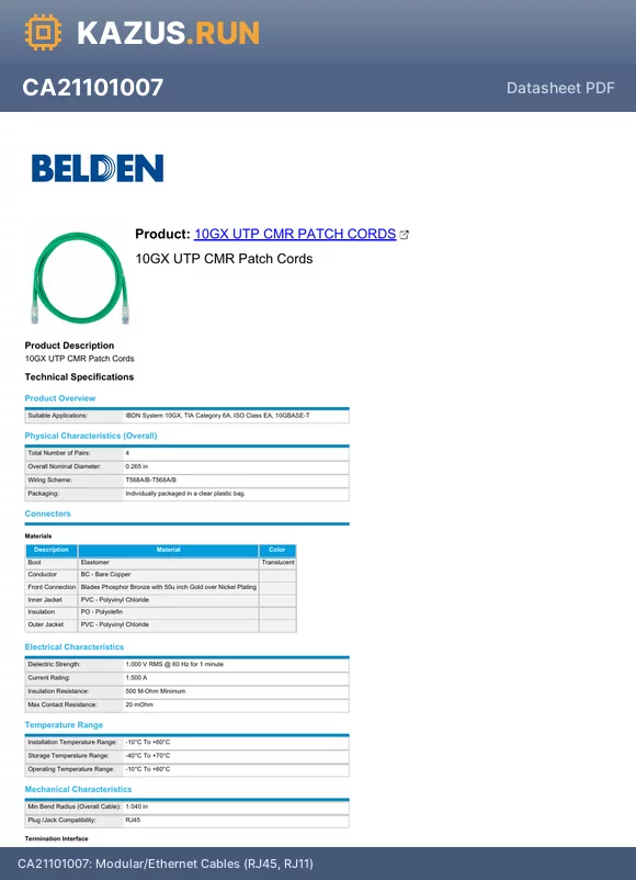 CA21106081A08 datasheet - Modular/Ethernet Cables (RJ45, RJ11) 