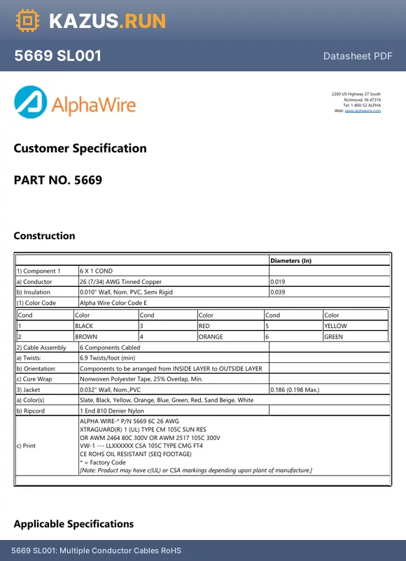 5669 SL001 datasheet - Multiple Conductor Cables RoHS
