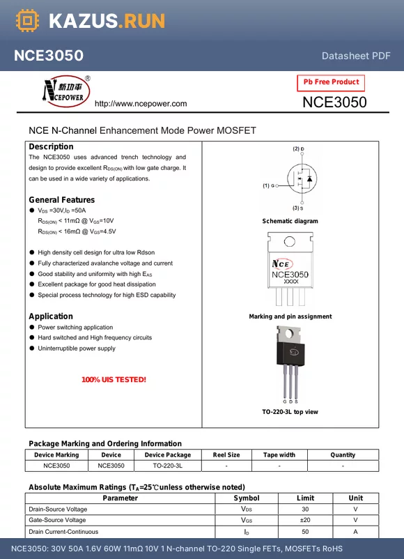 NCE3050 datasheet - 30V 50A 1.6V 60W 11mY@10V 1 N-channel TO-220 Single FETs, MOSFETs RoHS