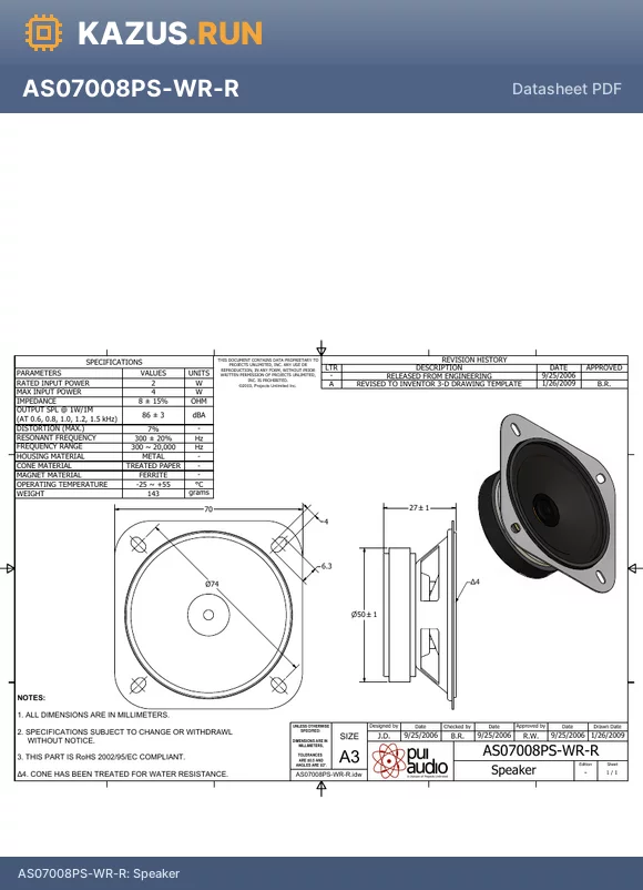 AS07008PS-WR-R datasheet - Speakers RoHS