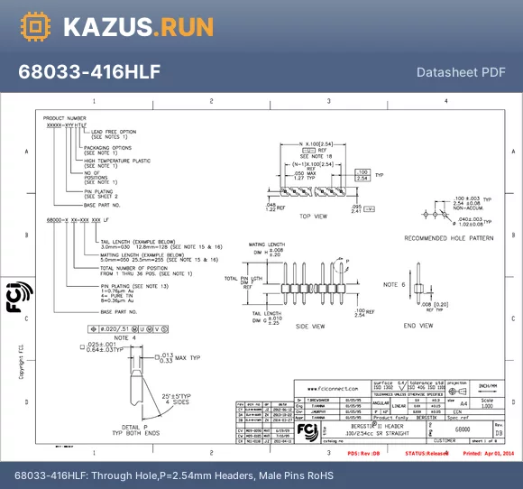 93992-415HLF datasheet - Through Hole,P=2.54mm Headers, Male Pins RoHS