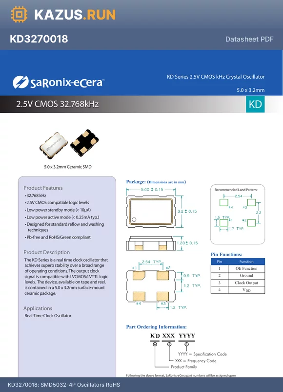 KD3270012 datasheet - Oscillator 32.768kHz CMOS 2.5V SMD5032-4P