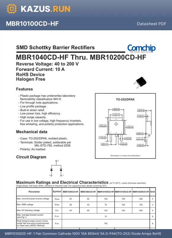 MBR1060CD-HF datasheet - 1 Pair Common Cathode 10A 60V 800mV@5A D-PAK(TO-252) Diode Arrays RoHS