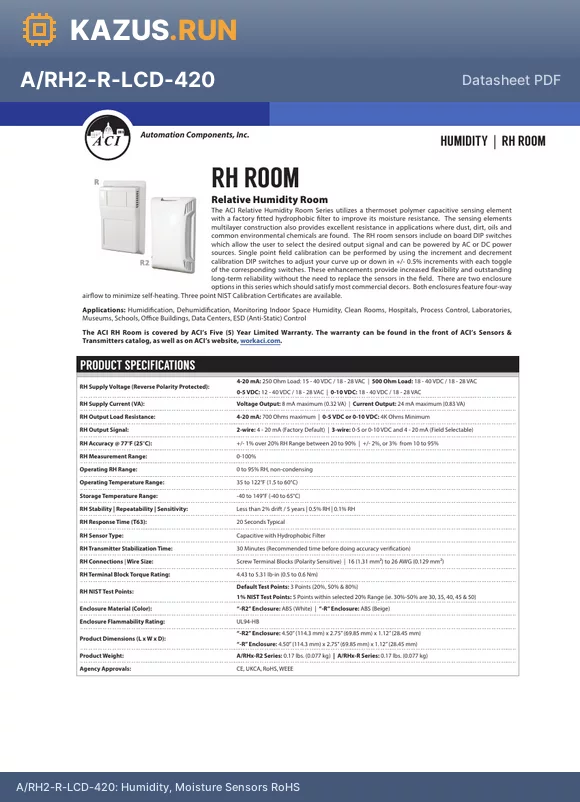 A/RH2-R-NIST datasheet - Humidity, Moisture Sensors RoHS
